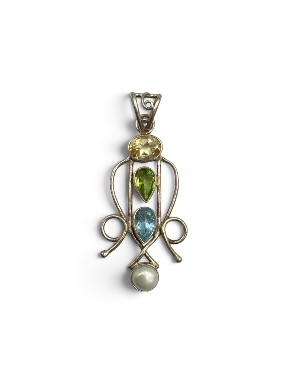 Vintage Y2K Sterling Silver Citrine Peridot Blue Topaz Pearl Pendant 2”